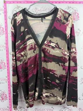 AMANDA GREEN Button-Front V-Neck Cardigan Sweater - Magenta, Black & Taupe